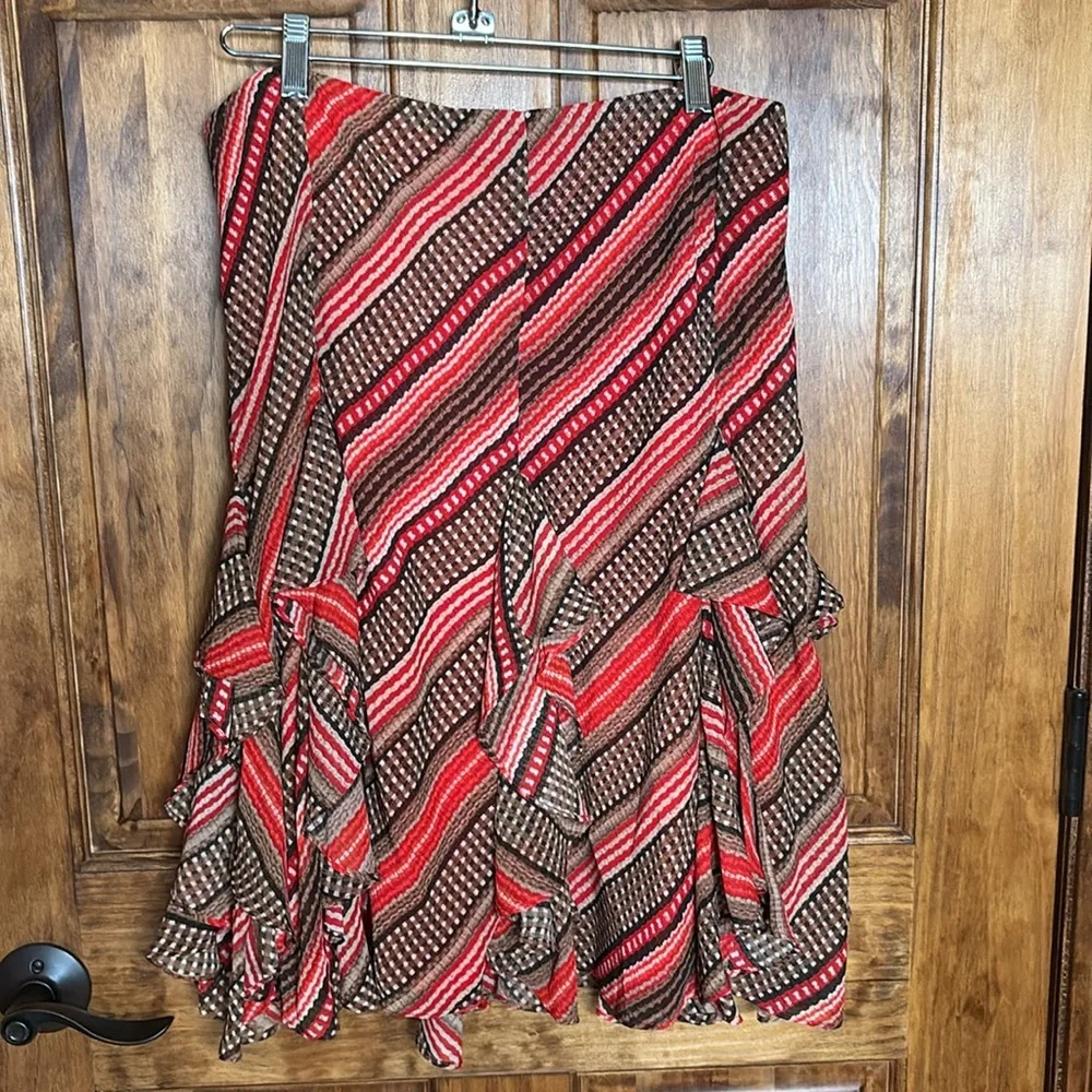 Ralph Lauren Women's Red Tan Patterned Ruffled Georgette Midi Skirt Flowy Sz M